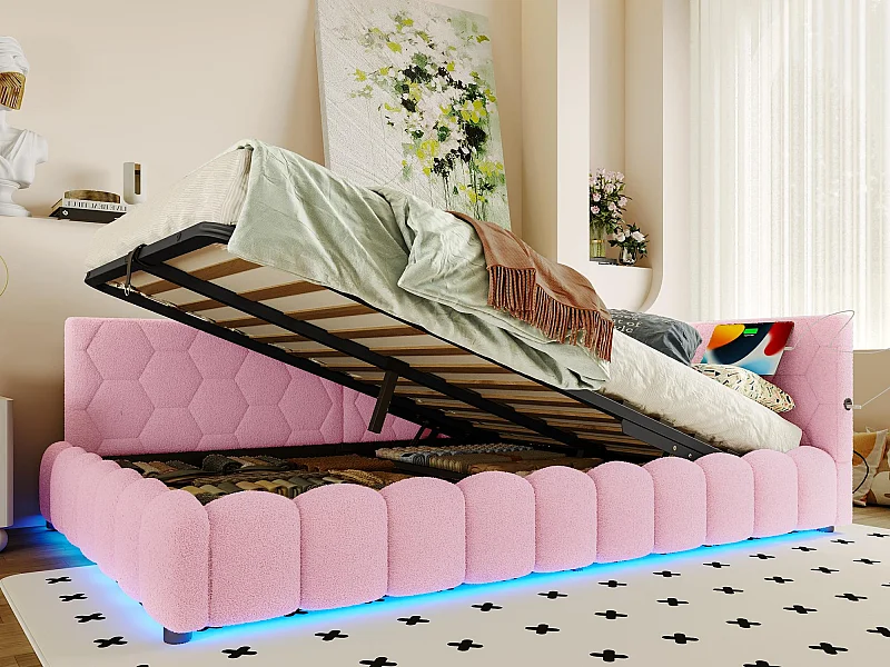 Sofá-cama com baú 140x200 cm - com iluminação LED - com USB + Type-C - rosa (sem colchão)