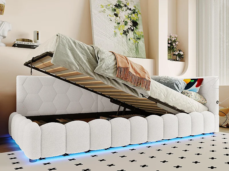 Canapé-lit coffre 90x200 cm - avec éclairage LED - avec USB + Type-C - blanc (sans matelas)