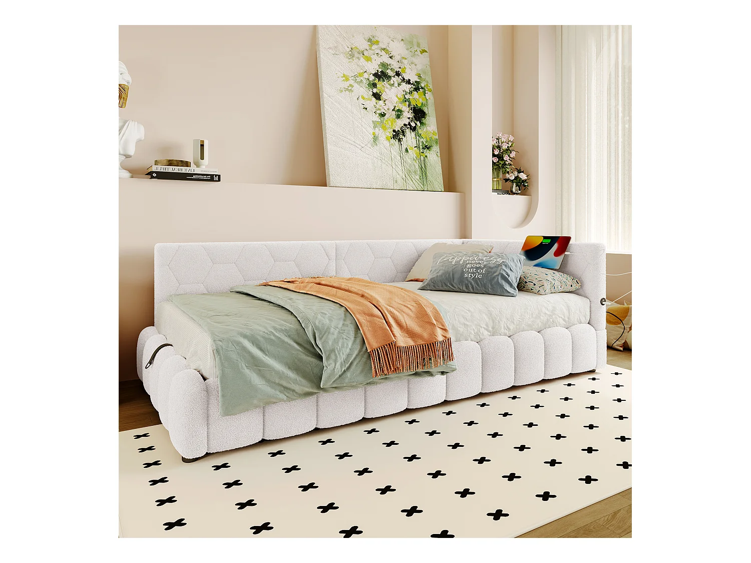 Canapé-lit coffre 90x200 cm - avec éclairage LED - avec USB + Type-C - blanc (sans matelas)