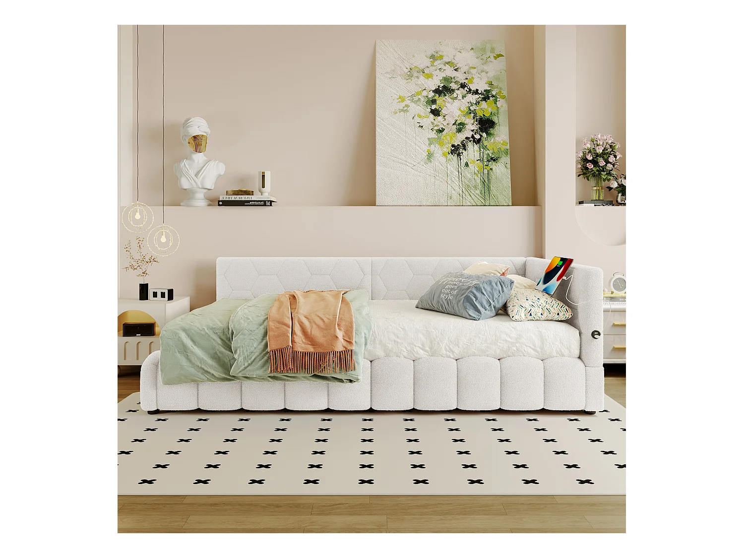 Canapé-lit coffre 90x200 cm - avec éclairage LED - avec USB + Type-C - blanc (sans matelas)