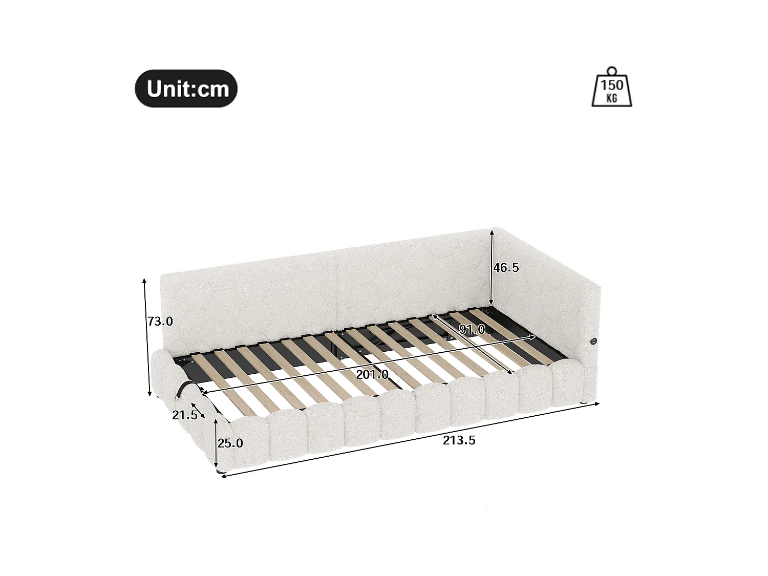 Canapé-lit coffre 90x200 cm - avec éclairage LED - avec USB + Type-C - blanc (sans matelas)
