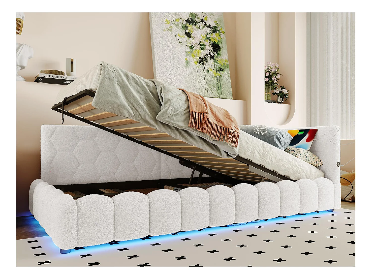 Canapé-lit coffre 90x200 cm - avec éclairage LED - avec USB + Type-C - blanc (sans matelas)