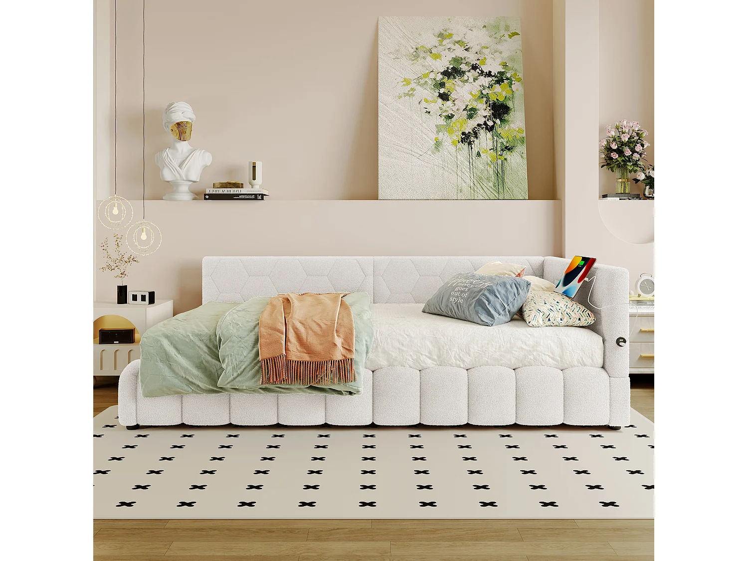 Ausziehbares Sofabett 90x200 cm - mit LED-Beleuchtung - mit USB + Type-C - weiß (ohne Matratze)