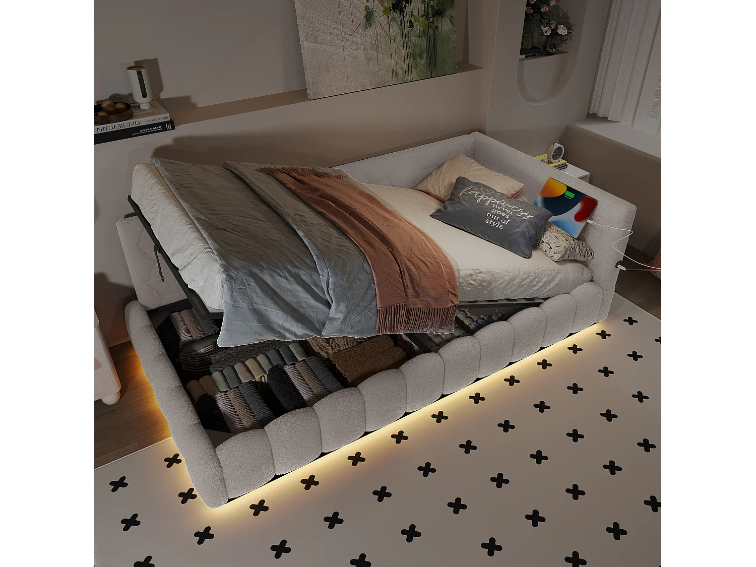 Ausziehbares Sofabett 90x200 cm - mit LED-Beleuchtung - mit USB + Type-C - weiß (ohne Matratze)