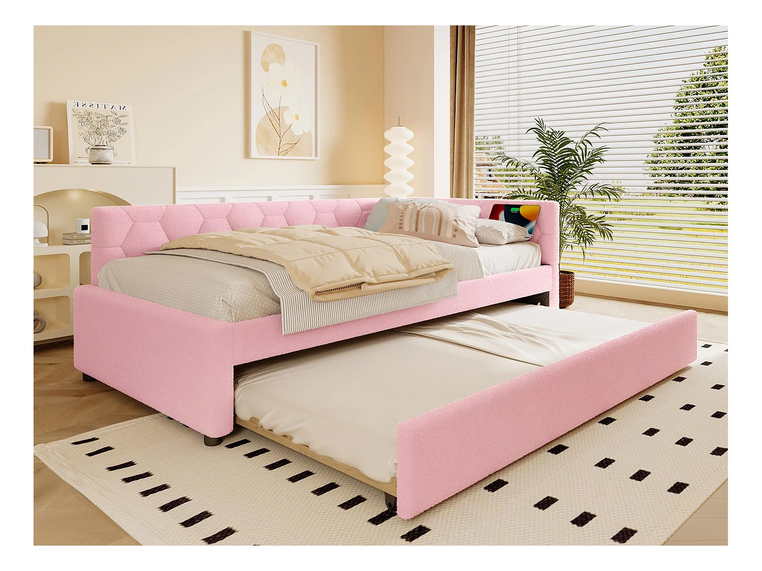 Canapé-lit 90x200 cm - avec lit gigogne - avec port USB + Type-C - rose (sans matelas)