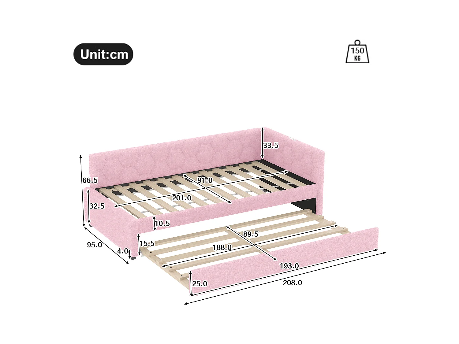 Canapé-lit 90x200 cm - avec lit gigogne - avec port USB + Type-C - rose (sans matelas)