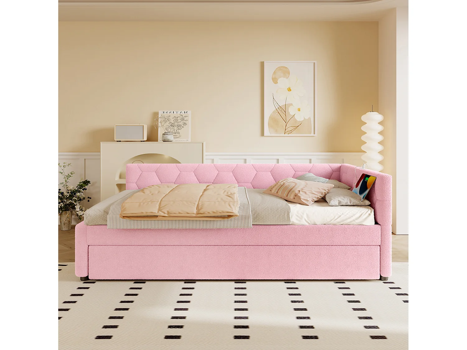 Slaapbank 90×200 cm - met opbergbed - met USB-poort + Type-C - roze (zonder matras)