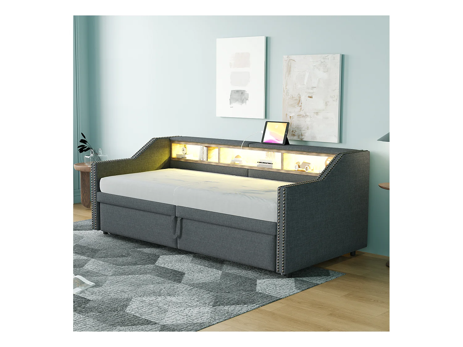 Canapé-lit rembourré 90/180x200 cm - avec compartiment de rangement - avec LED + port USB - Gris foncé