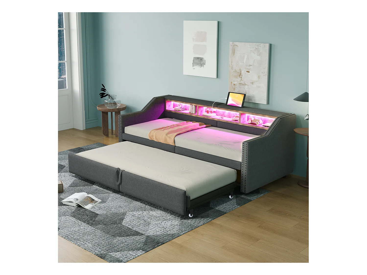 Canapé-lit rembourré 90/180x200 cm - avec compartiment de rangement - avec LED + port USB - Gris foncé