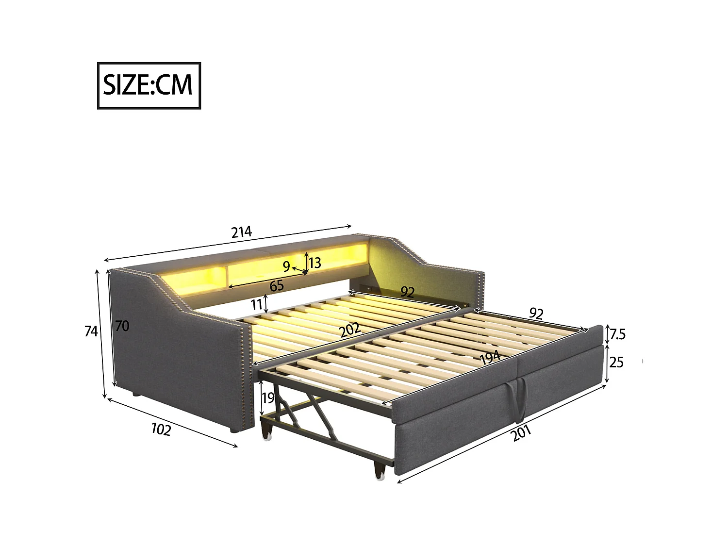 Canapé-lit rembourré 90/180x200 cm - avec compartiment de rangement - avec LED + port USB - Gris foncé
