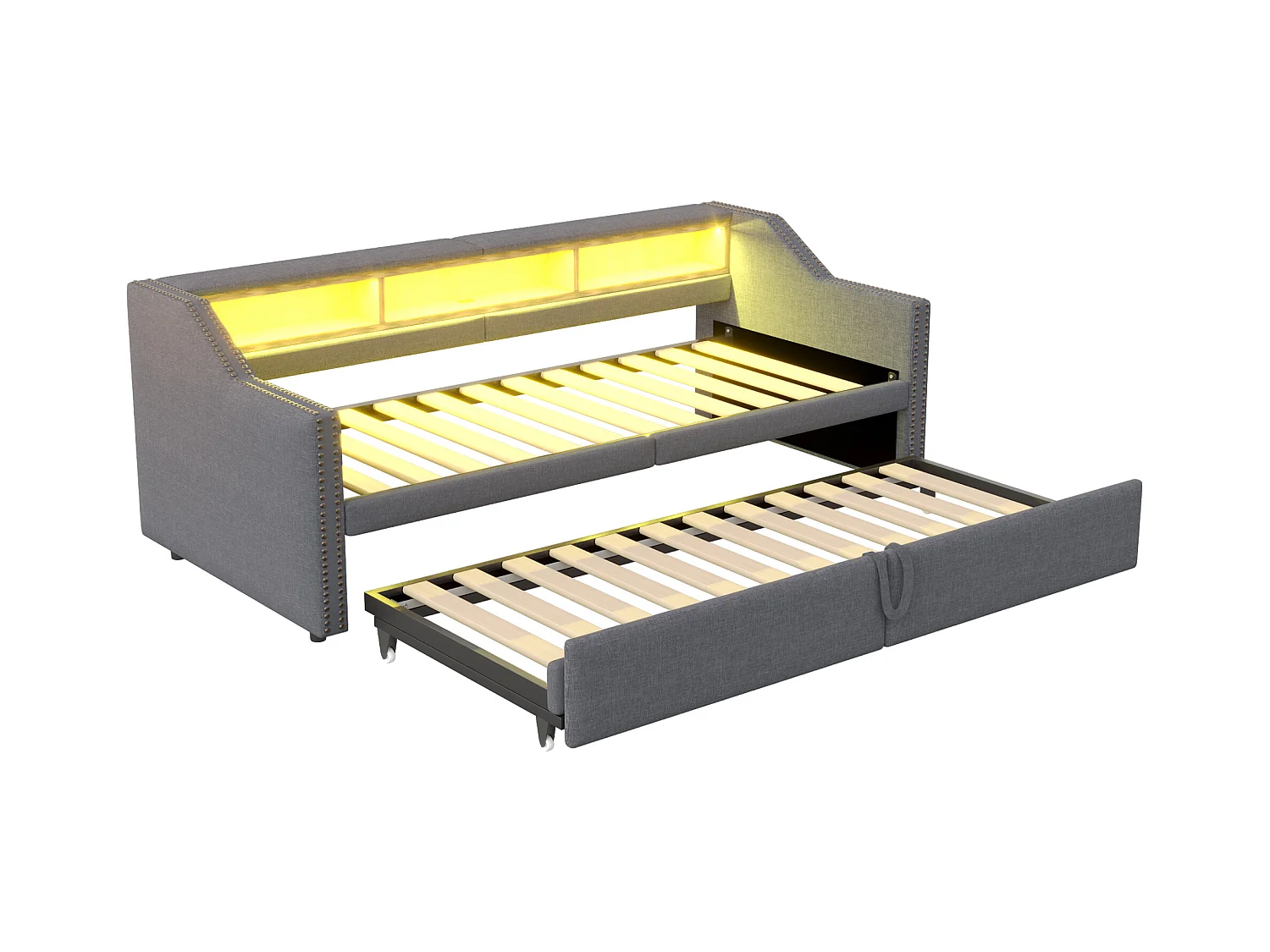 Canapé-lit rembourré 90/180x200 cm - avec compartiment de rangement - avec LED + port USB - Gris foncé