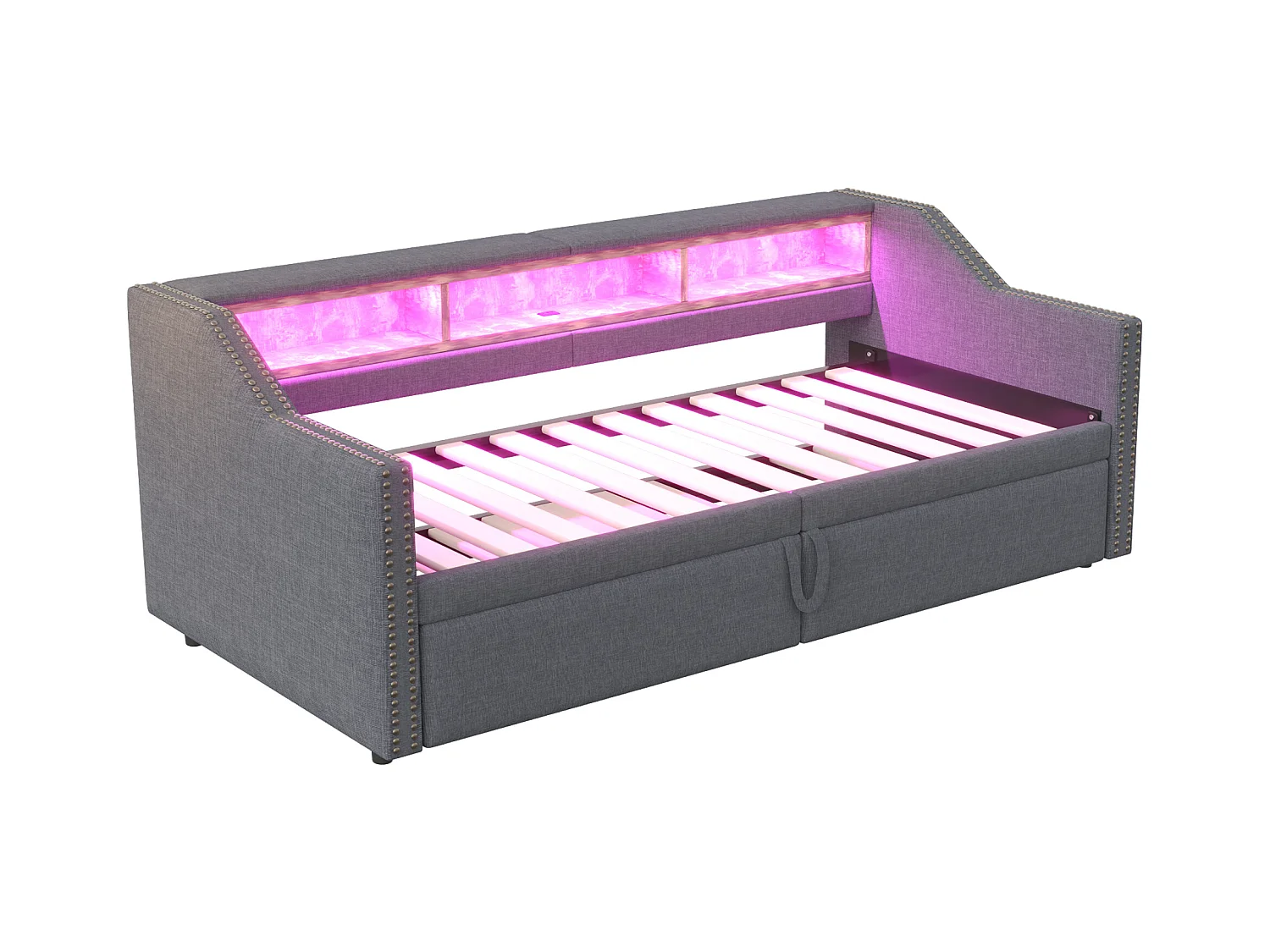 Canapé-lit rembourré 90/180x200 cm - avec compartiment de rangement - avec LED + port USB - Gris foncé