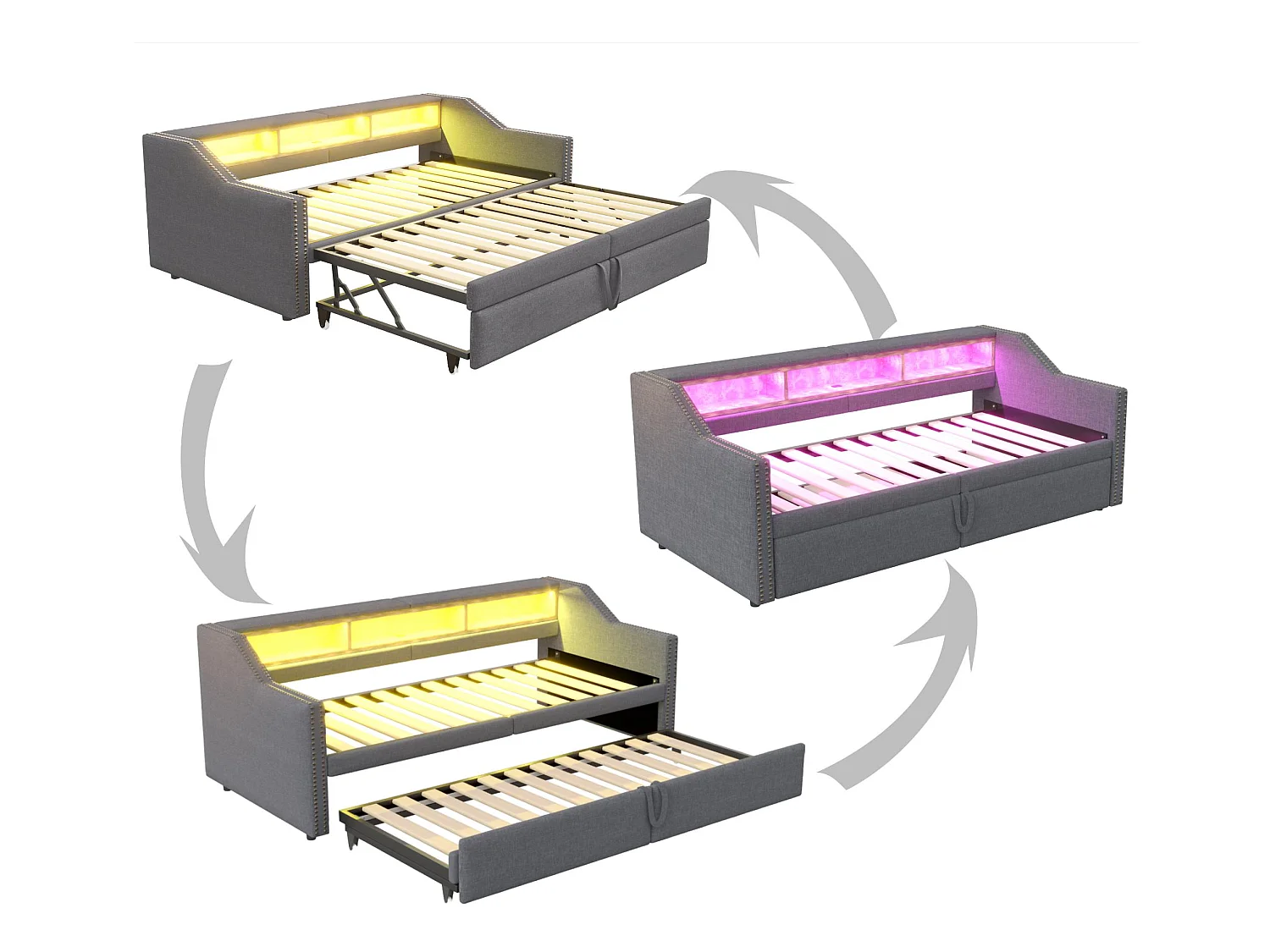 Canapé-lit rembourré 90/180x200 cm - avec compartiment de rangement - avec LED + port USB - Gris foncé