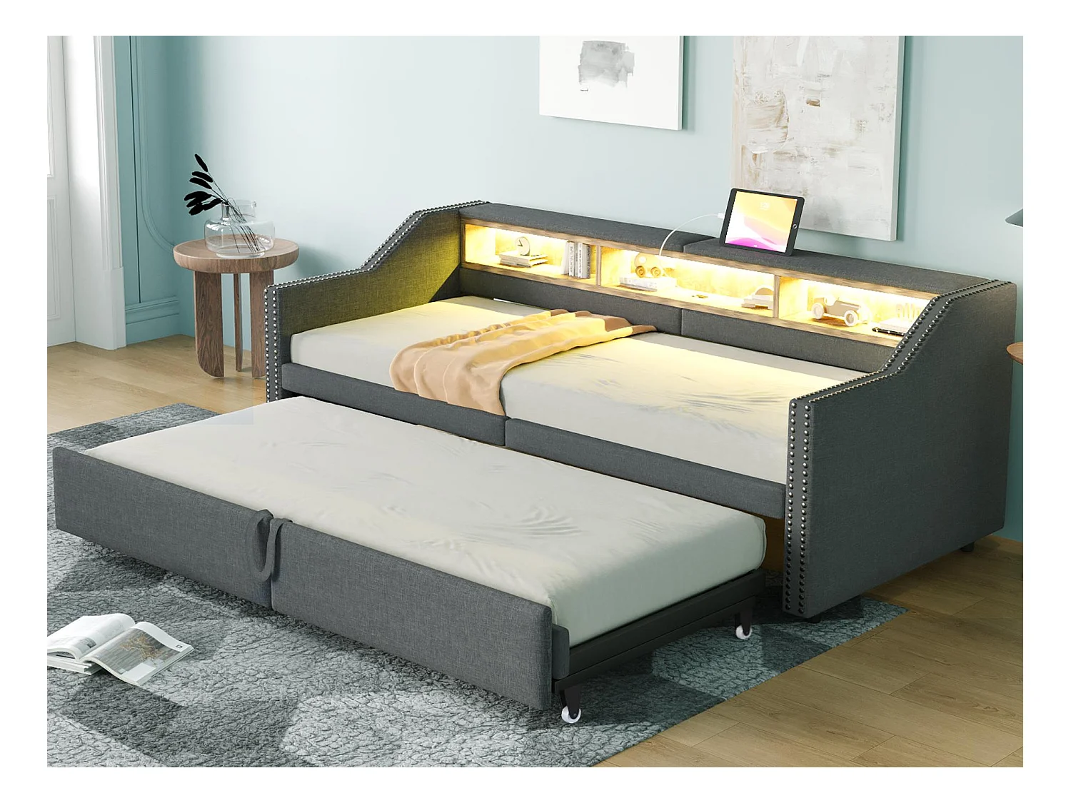 Canapé-lit rembourré 90/180x200 cm - avec compartiment de rangement - avec LED + port USB - Gris foncé