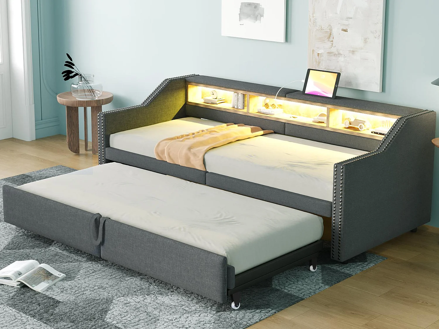 ​Gepolstertes Sofabett 90/180×200 cm​​ - mit Staufach - mit LED-Beleuchtung + USB-Anschluss - ​​dunkelgrau​