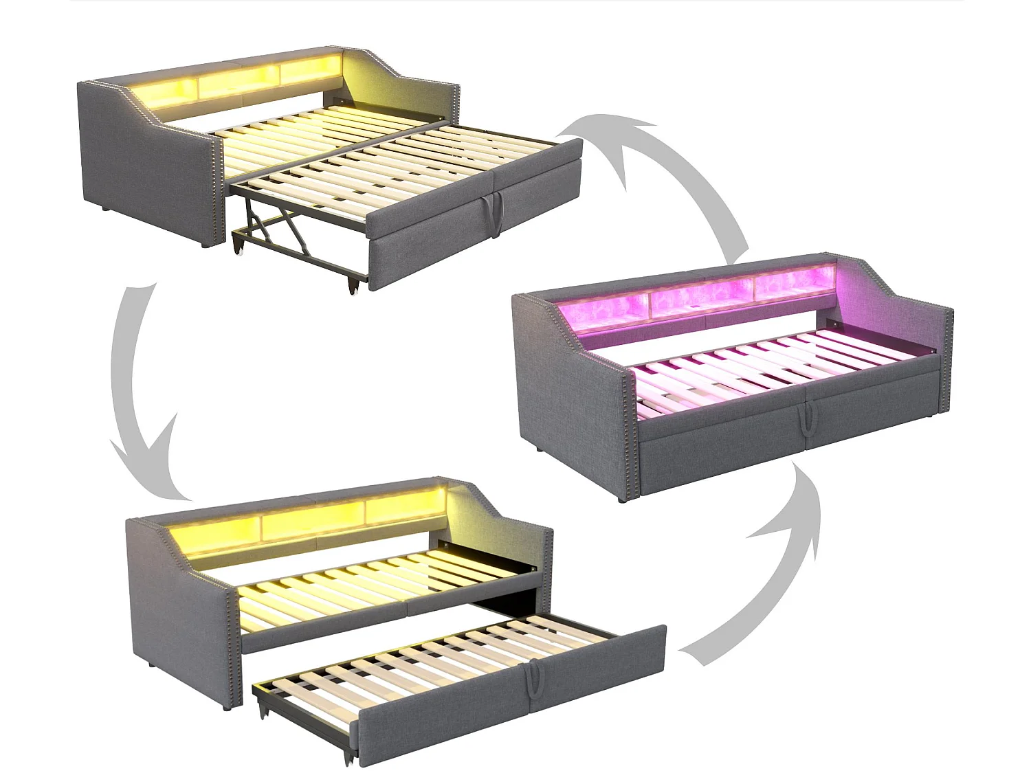 ​Gepolstertes Sofabett 90/180×200 cm​​ - mit Staufach - mit LED-Beleuchtung + USB-Anschluss - ​​dunkelgrau​