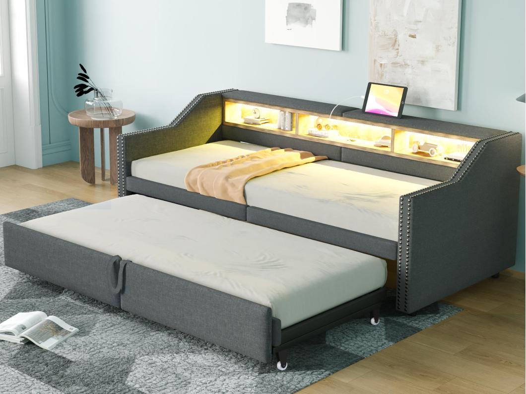 Gevulde slaapbank 90/180×200 cm​​ - met opbergruimte - met LED-verlichting + USB-poort - ​​donkergrijs​