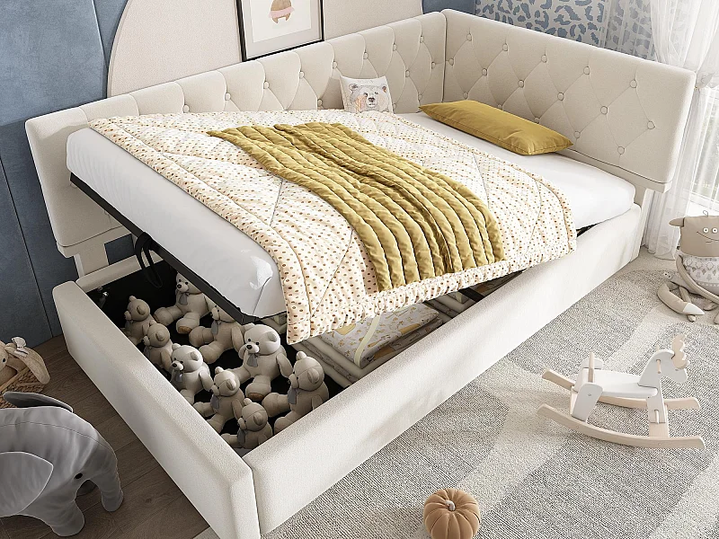 Sofabett mit Stauraum 90×200 cm - aus Veloursstoff - mit Lattenrost - beige (ohne Matratze)