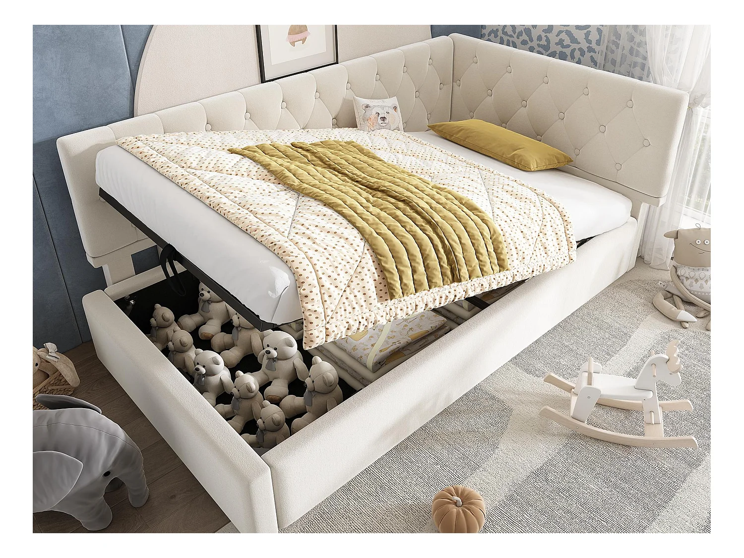 Canapé-lit coffre 90x200 cm - avec rangement - tissu en velours - avec sommier à lattes - Beige(sans matelas)