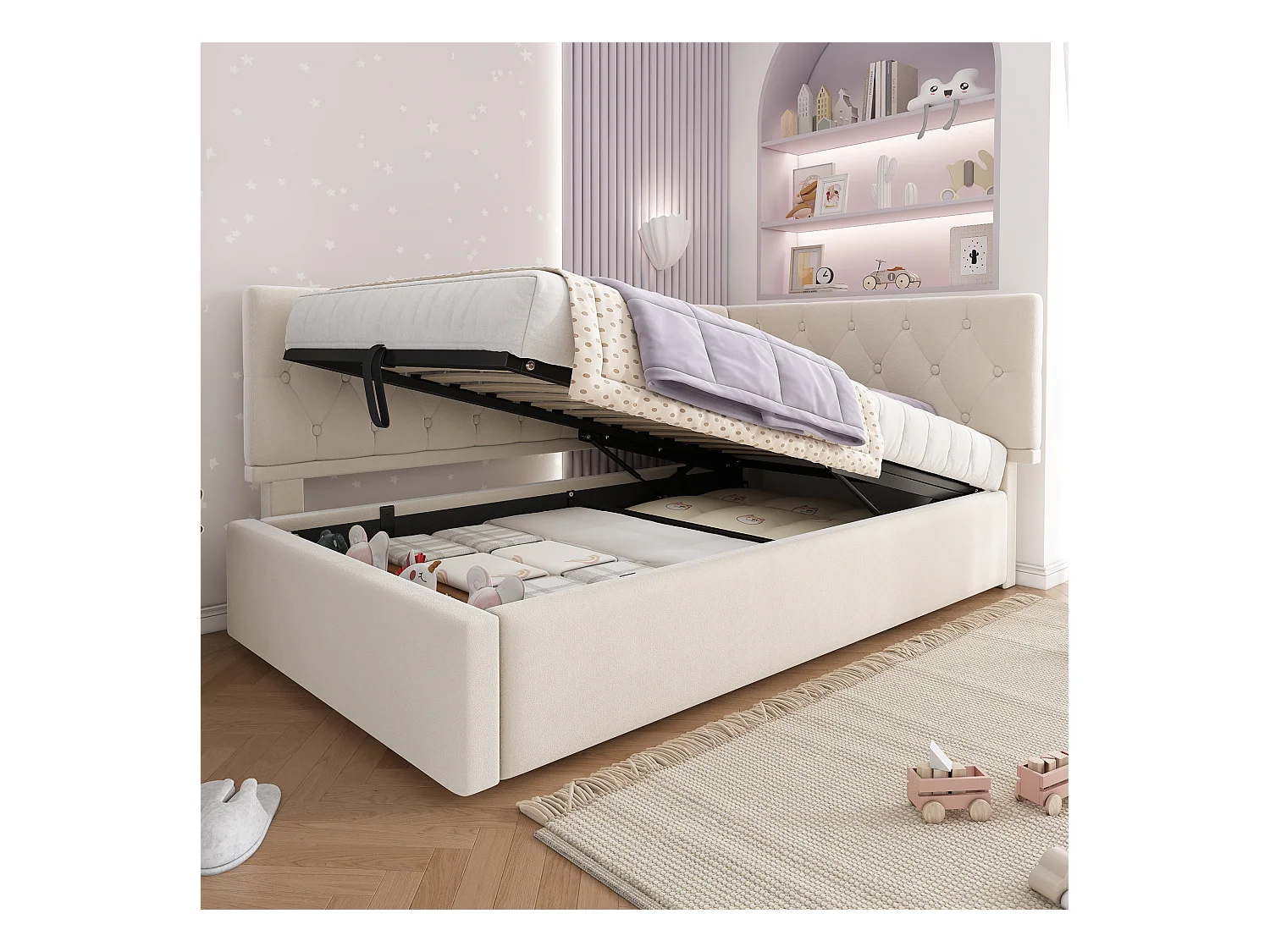 Canapé-lit coffre 90x200 cm - avec rangement - tissu en velours - avec sommier à lattes - Beige(sans matelas)