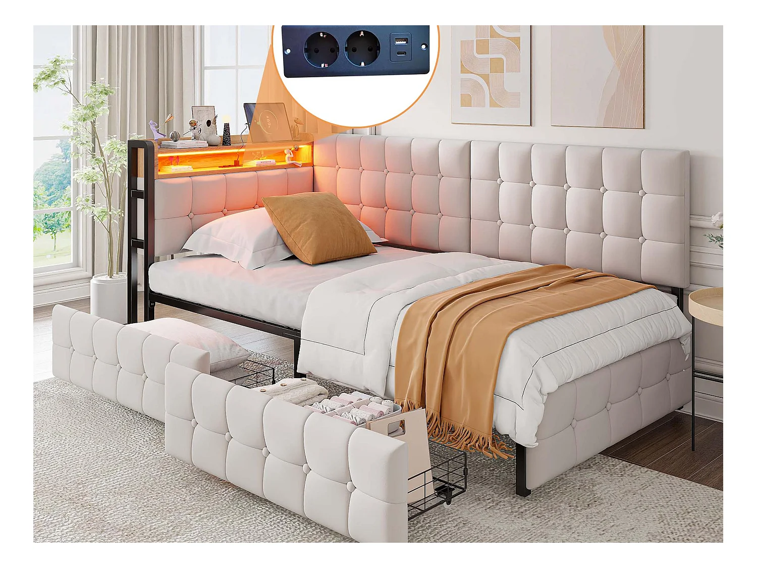 Canapé-lit rembourré 90 x 200 cm - avec 2 tiroirs - avec éclairage LED - avec ports USB et Type-C - Beige (sans matelas)