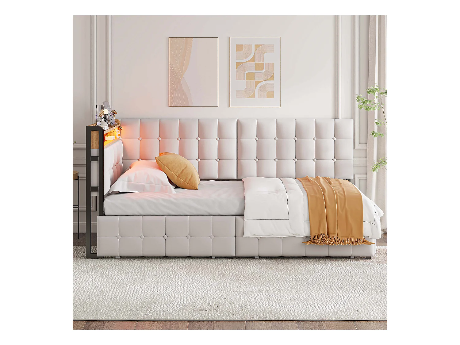 Canapé-lit rembourré 90 x 200 cm - avec 2 tiroirs - avec éclairage LED - avec ports USB et Type-C - Beige (sans matelas)