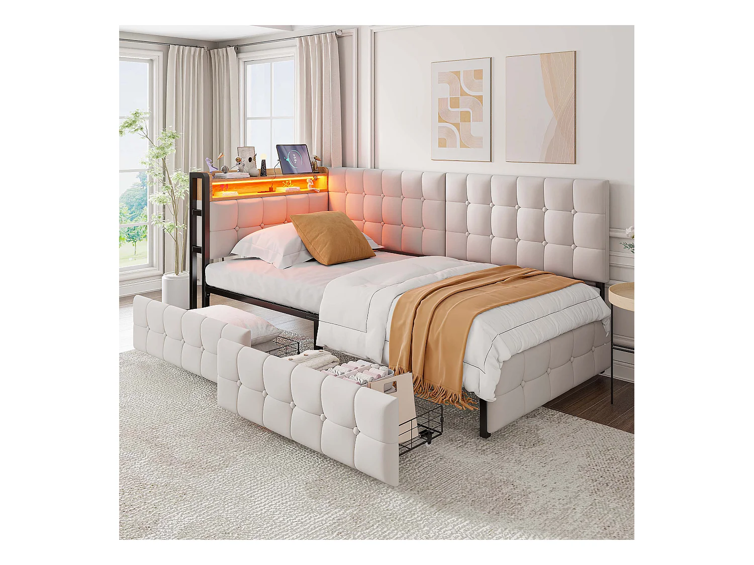Canapé-lit rembourré 90 x 200 cm - avec 2 tiroirs - avec éclairage LED - avec ports USB et Type-C - Beige (sans matelas)