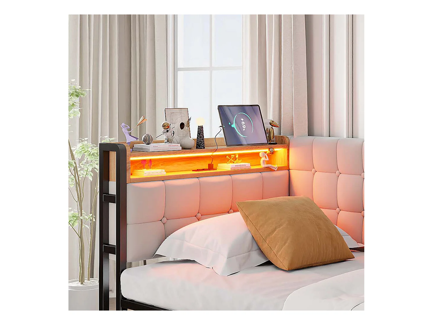 Canapé-lit rembourré 90 x 200 cm - avec 2 tiroirs - avec éclairage LED - avec ports USB et Type-C - Beige (sans matelas)