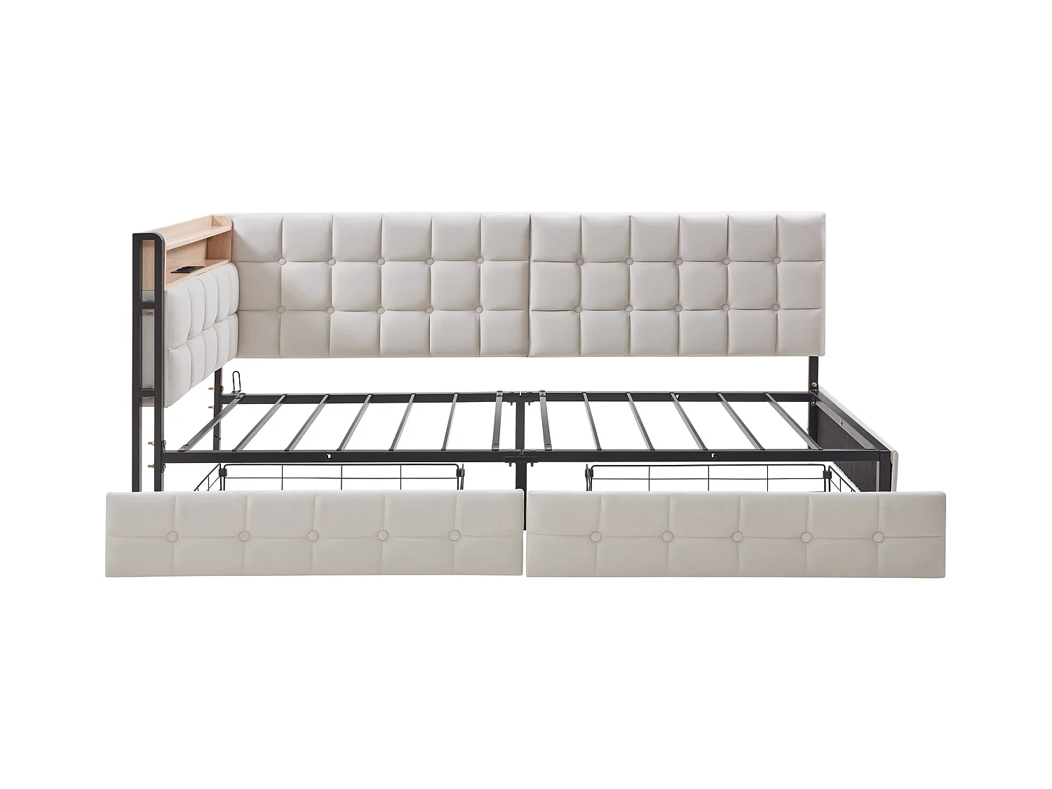 Canapé-lit rembourré 90 x 200 cm - avec 2 tiroirs - avec éclairage LED - avec ports USB et Type-C - Beige (sans matelas)