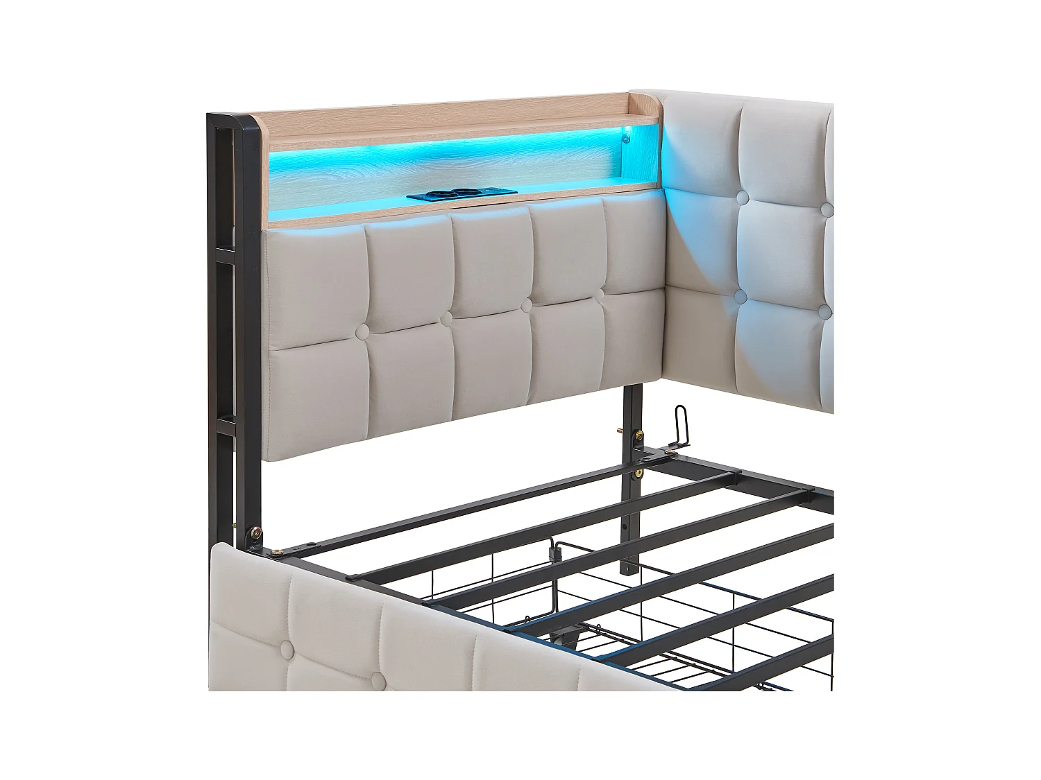 Canapé-lit rembourré 90 x 200 cm - avec 2 tiroirs - avec éclairage LED - avec ports USB et Type-C - Beige (sans matelas)