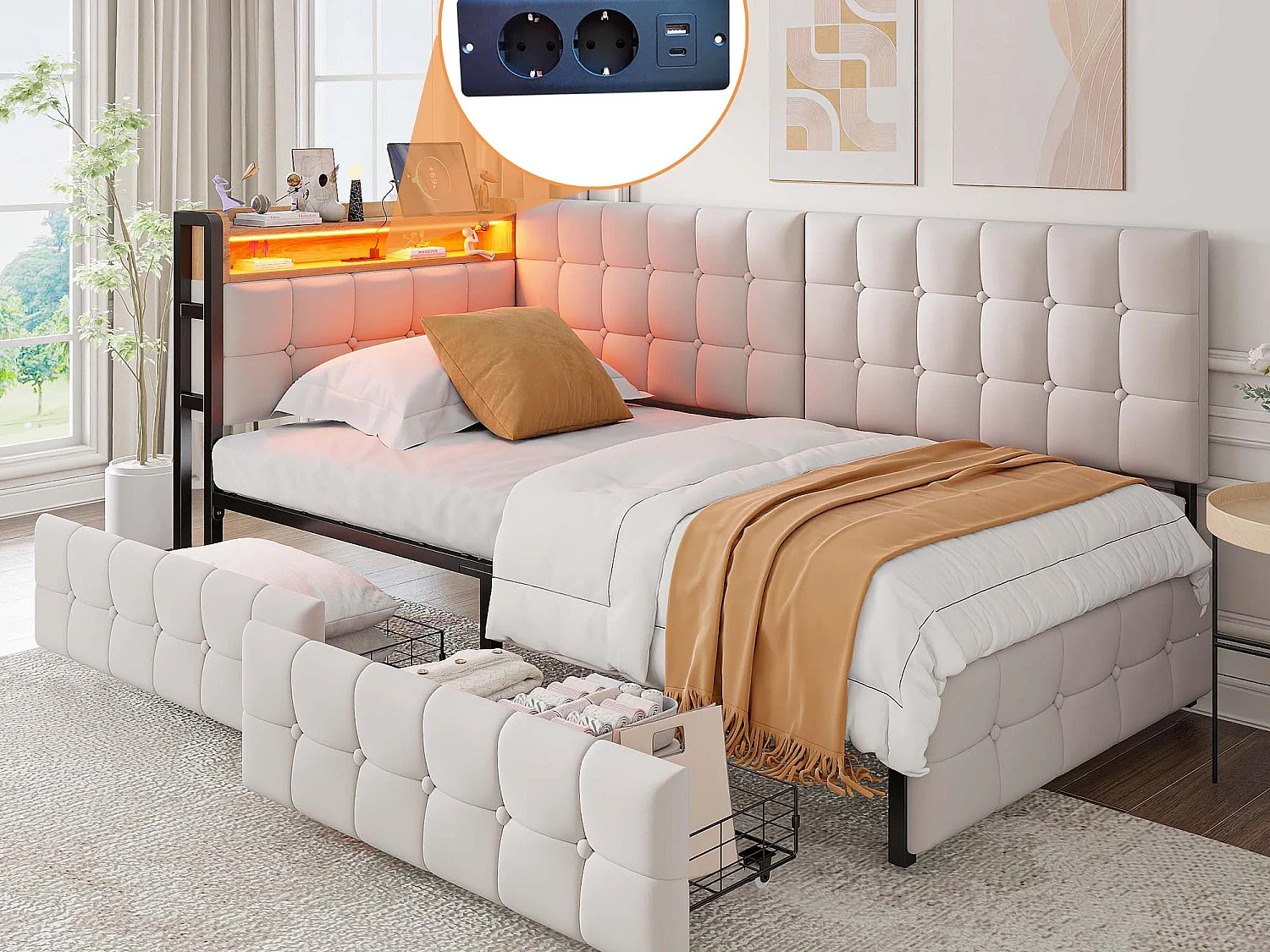 Gestoelde slaapbank 90 x 200 cm - met 2 lades - met LED-verlichting - met USB- en Type-C-poorten - Beige (zonder matras)