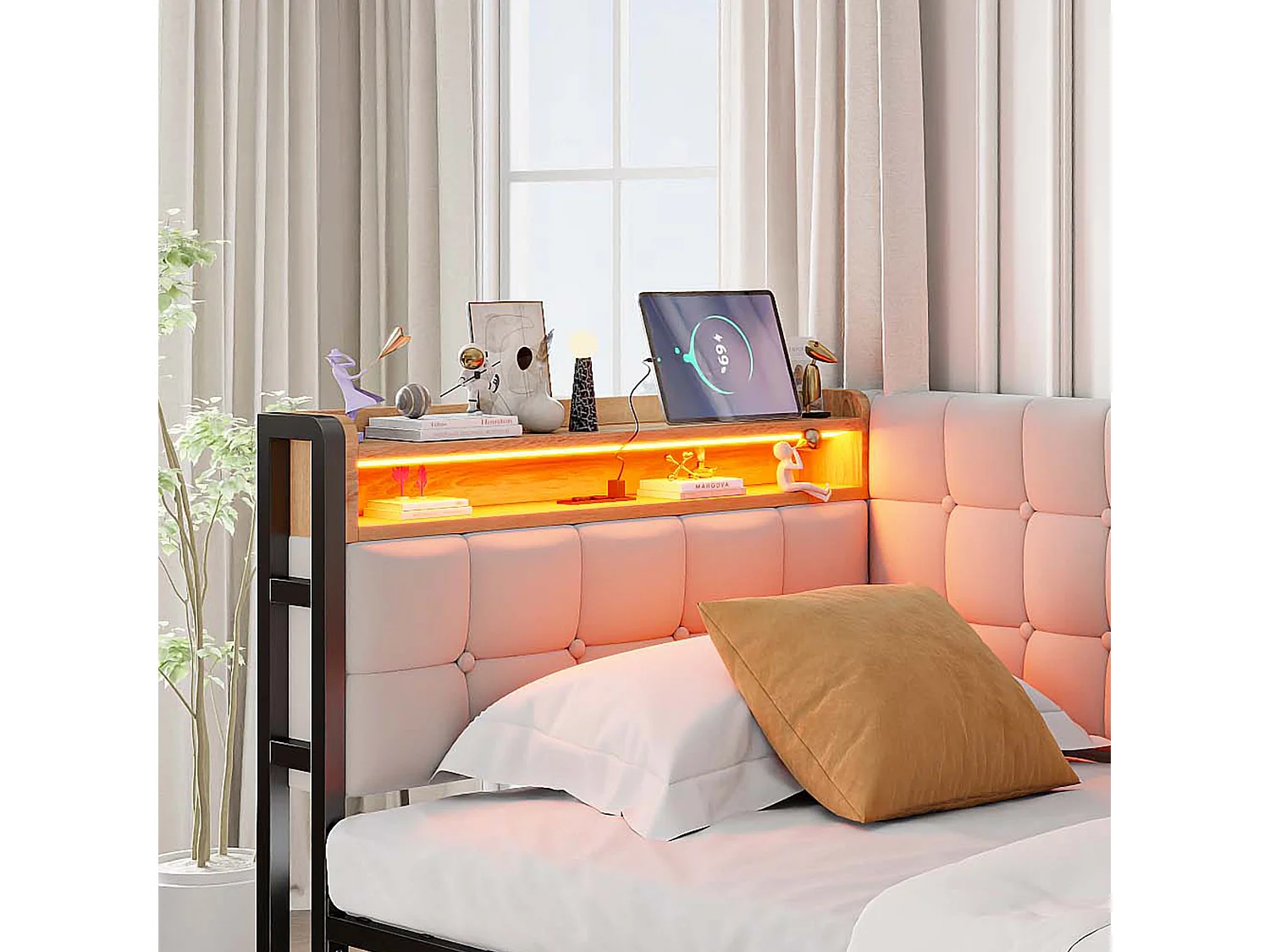Gestoelde slaapbank 90 x 200 cm - met 2 lades - met LED-verlichting - met USB- en Type-C-poorten - Beige (zonder matras)