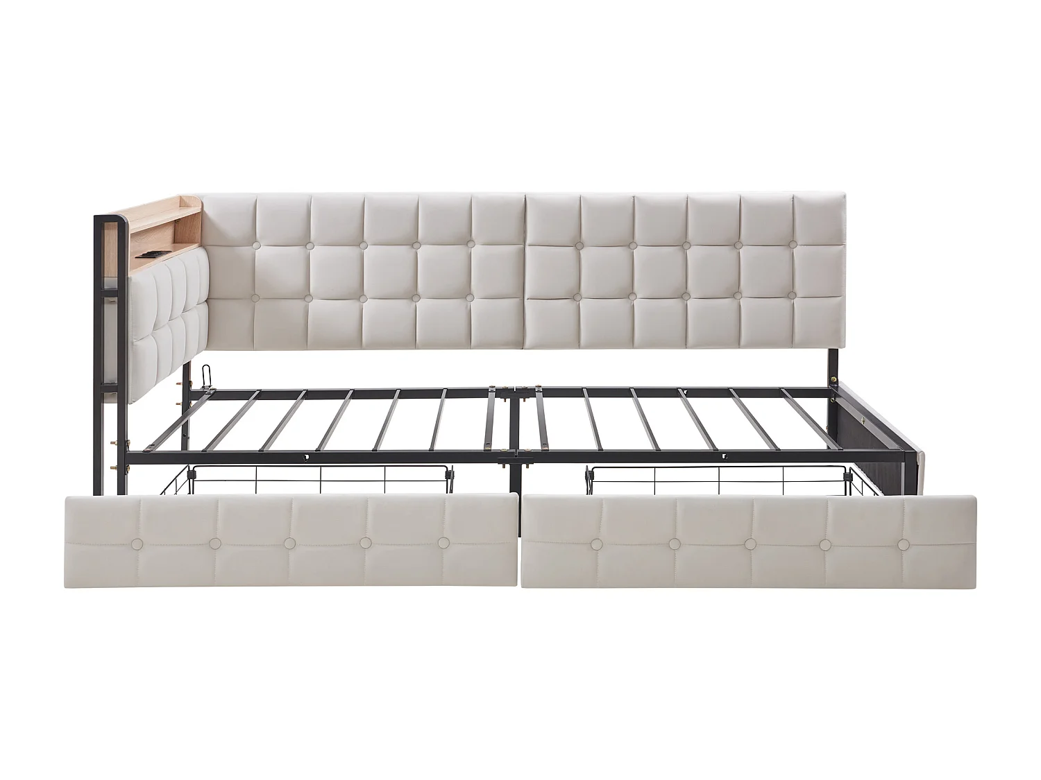 Gestoelde slaapbank 90 x 200 cm - met 2 lades - met LED-verlichting - met USB- en Type-C-poorten - Beige (zonder matras)