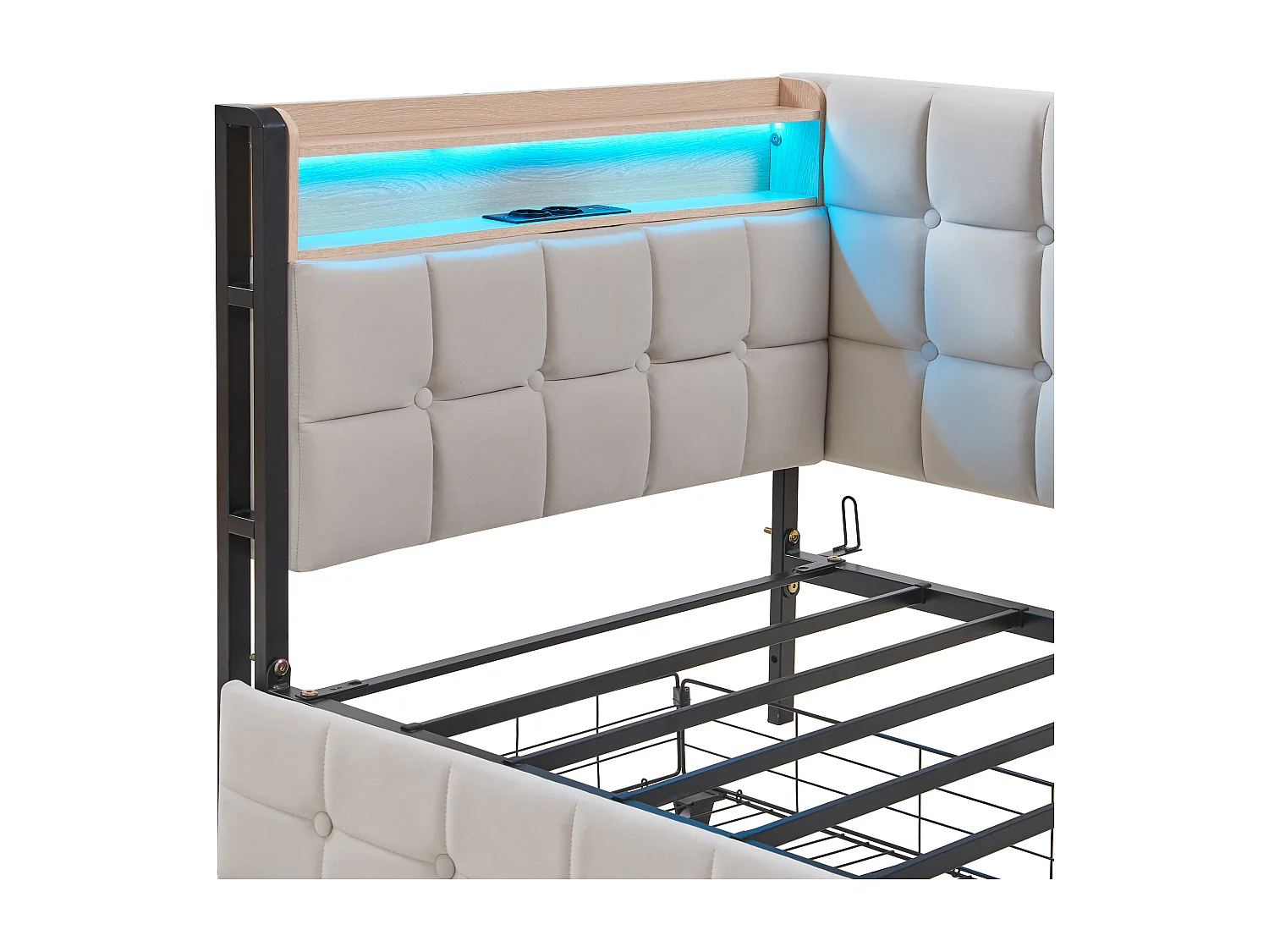 Gestoelde slaapbank 90 x 200 cm - met 2 lades - met LED-verlichting - met USB- en Type-C-poorten - Beige (zonder matras)