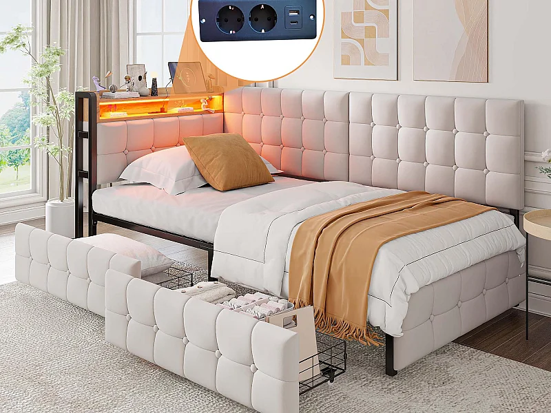 Gestoelde slaapbank 90 x 200 cm - met 2 lades - met LED-verlichting - met USB- en Type-C-poorten - Beige (zonder matras)