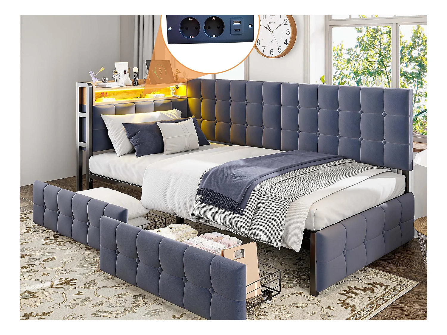 Canapé-lit rembourré 90 x 200 cm - avec 2 tiroirs - avec éclairage LED - avec ports USB et Type-C - gris foncé (sans matelas)