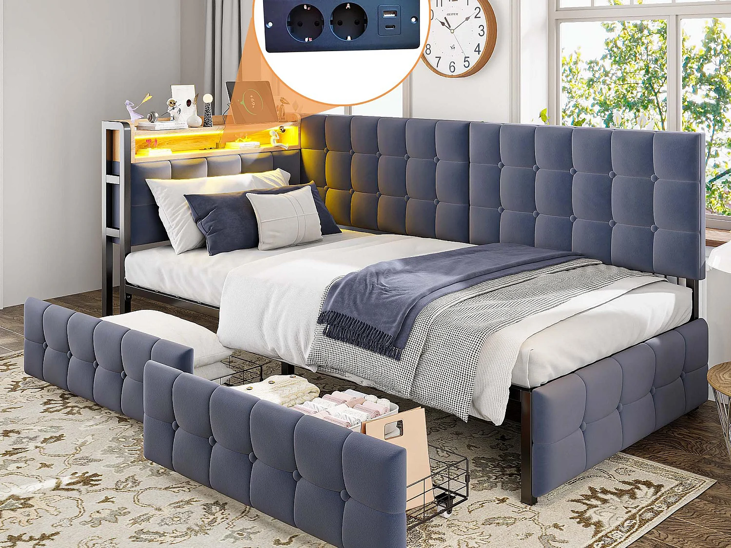 Sofá cama acolchado 90 x 200 cm - con 2 cajones - con iluminación LED - con puertos USB y Type-C - Gris oscuro (sin colchón)