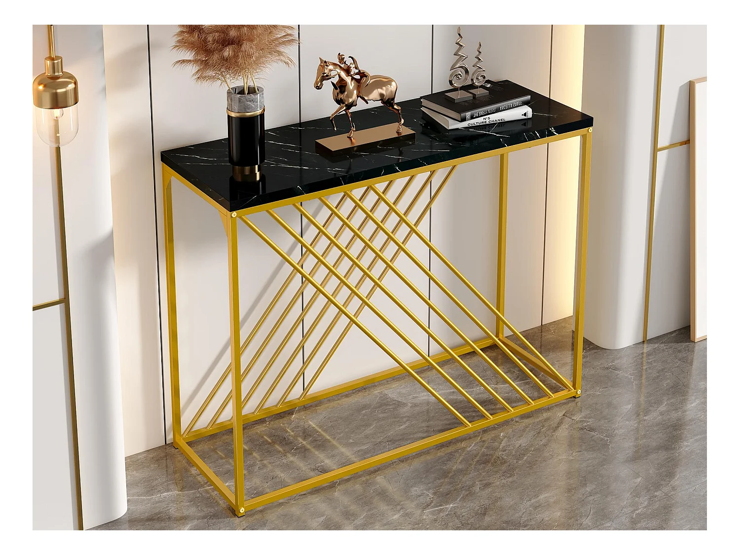 Table console 100x35x77cm - MDF - Base dorée - Noir