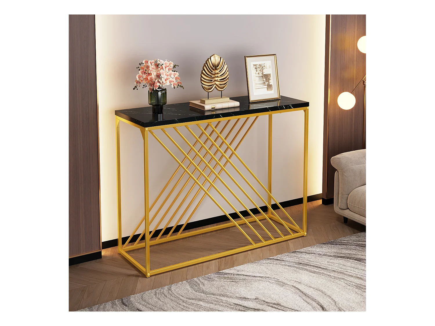 Table console 100x35x77cm - MDF - Base dorée - Noir