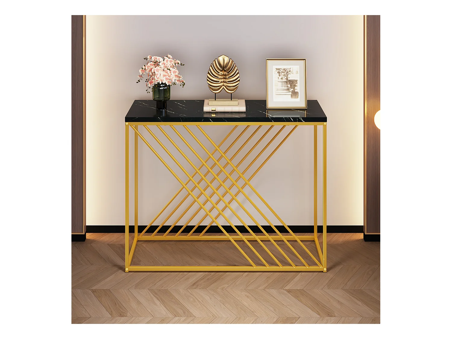 Wandconsole 100x35x77 cm - MDF - Gouden voet - Zwart
