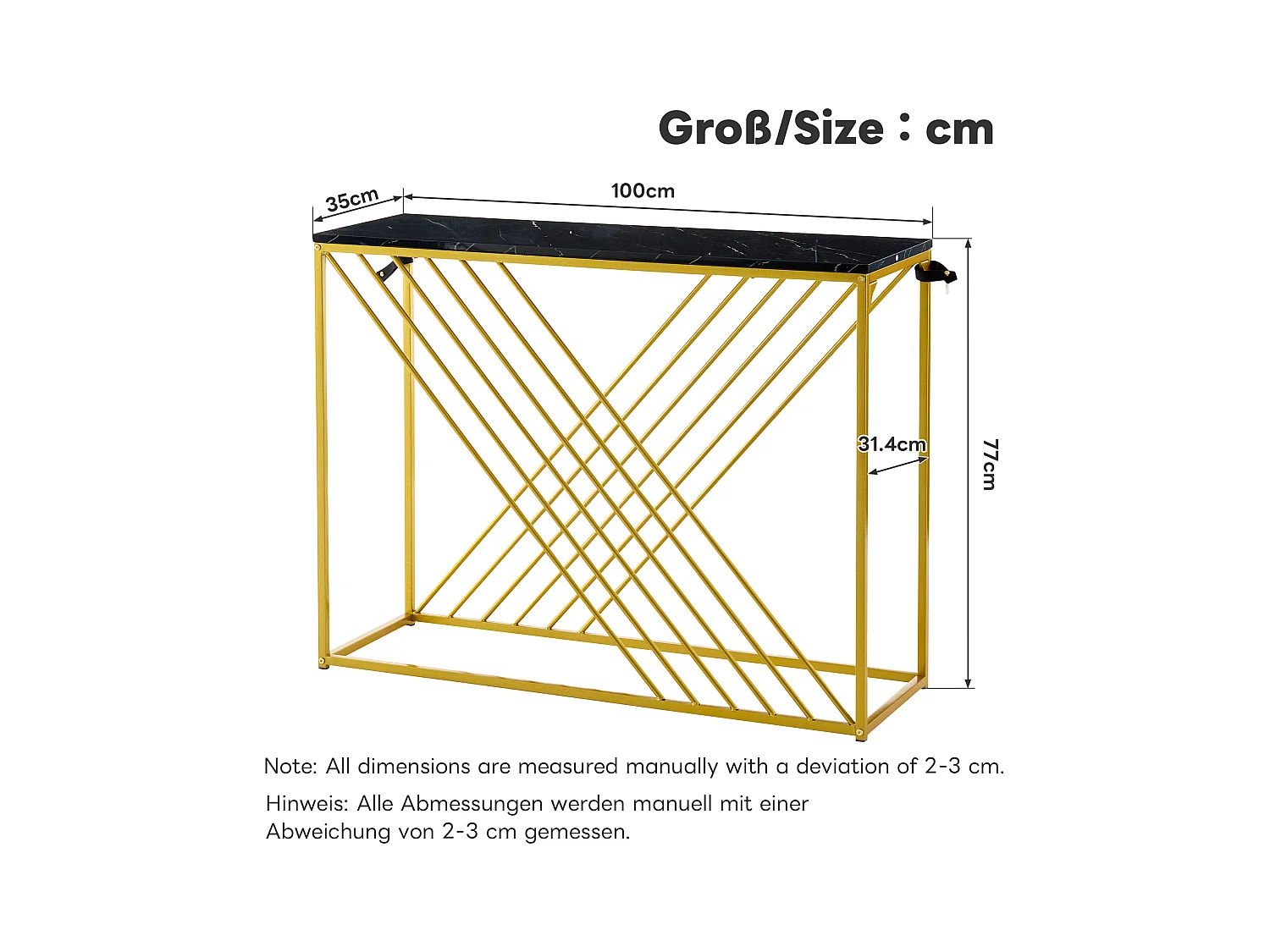 Wandconsole 100x35x77 cm - MDF - Gouden voet - Zwart
