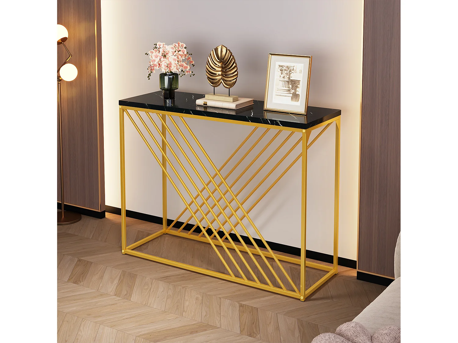 Table console 100x35x77cm - MDF - Base dorée - Noir