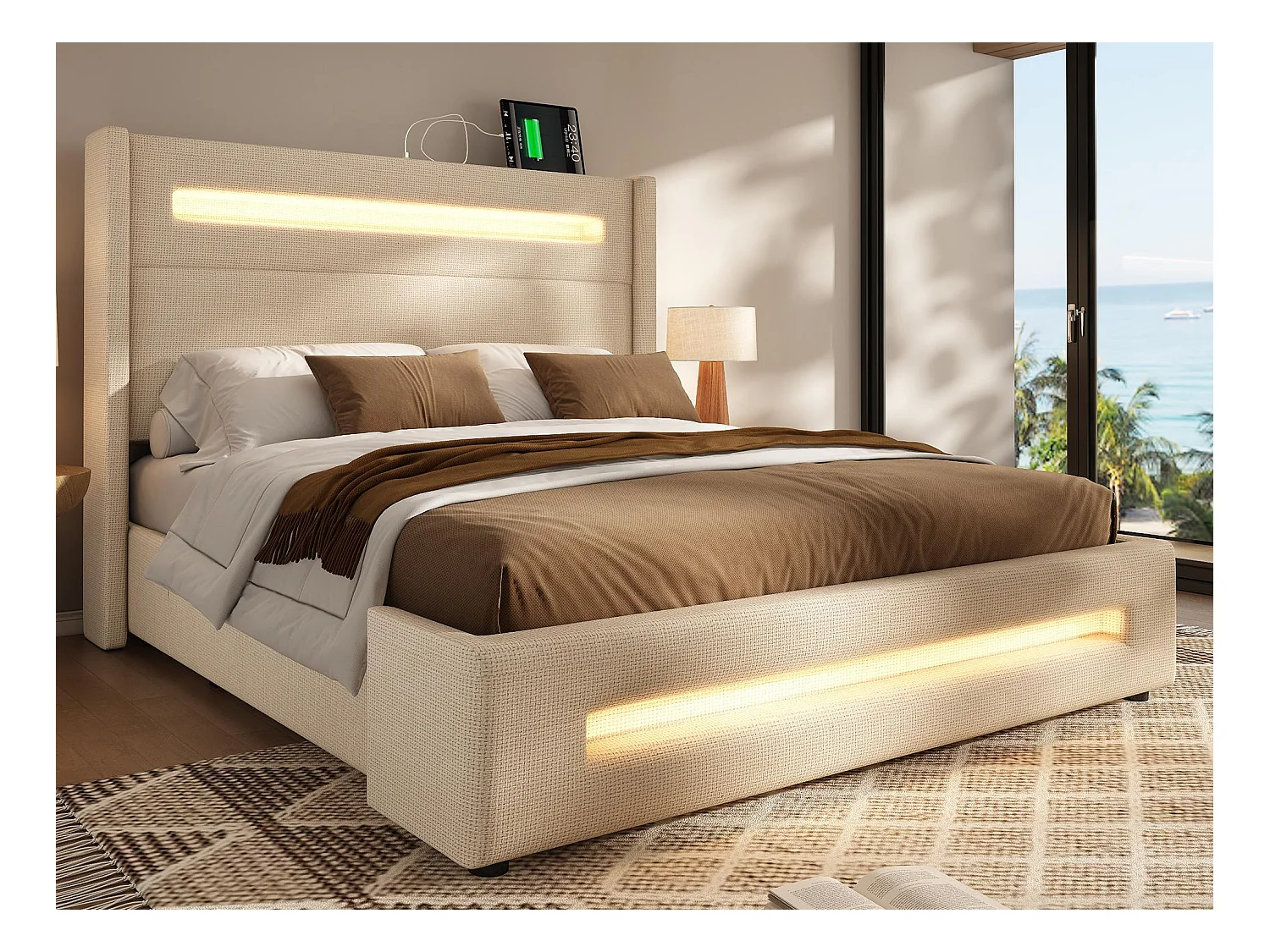 Tapicerowane łóżko z pojemnikiem 160x200 cm - z LED i portami ładowania USB - Tkanina lniana - Z podstawą na listwach - Beżowy (bez materaca)