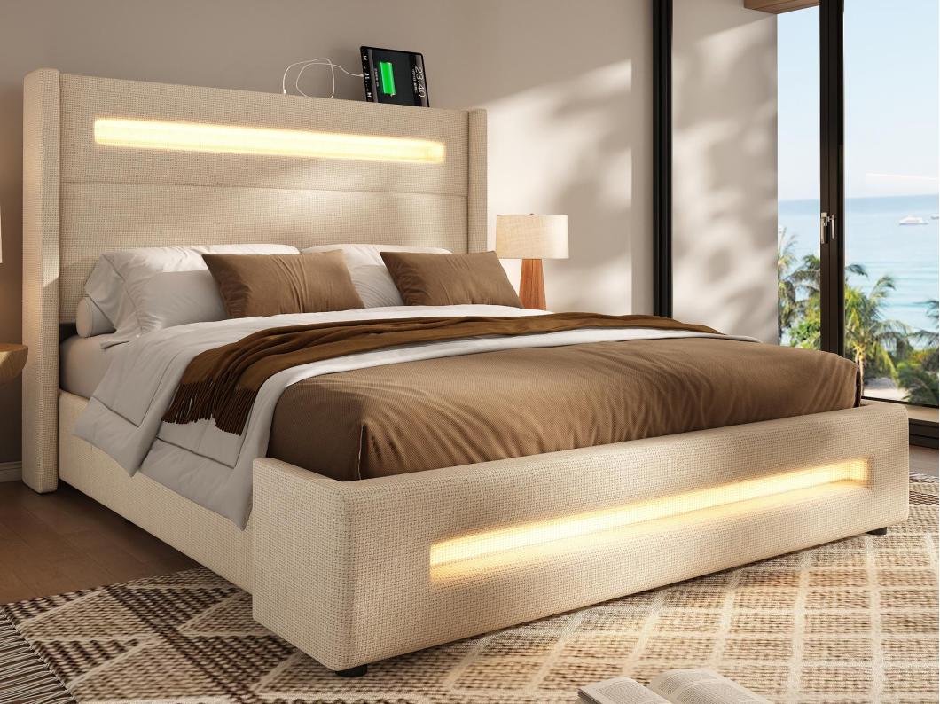 Letto con contenitore imbottito 160x200 cm - con LED e porte di ricarica USB - Tessuto di lino - Con base a listelli - Beige (senza materasso)