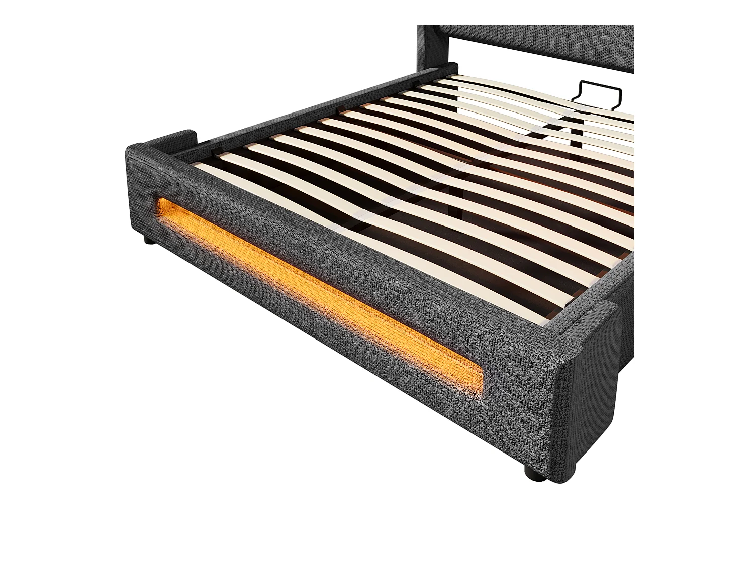 Tapicerowane łóżko z pojemnikiem 160x200 cm - z LED i portami ładowania USB - Tkanina lniana - Z podstawą na listwach - Szary (bez materaca)