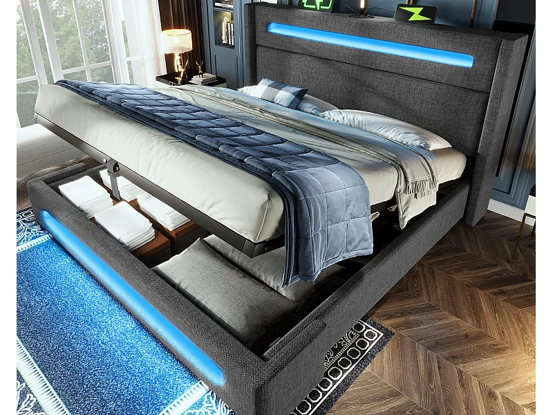 Gestoffeerd opbergbed 160x200 cm - met LED en USB-oplaadpoorten - Linnenstof - Met lattenbodem - Grijs (zonder matras)