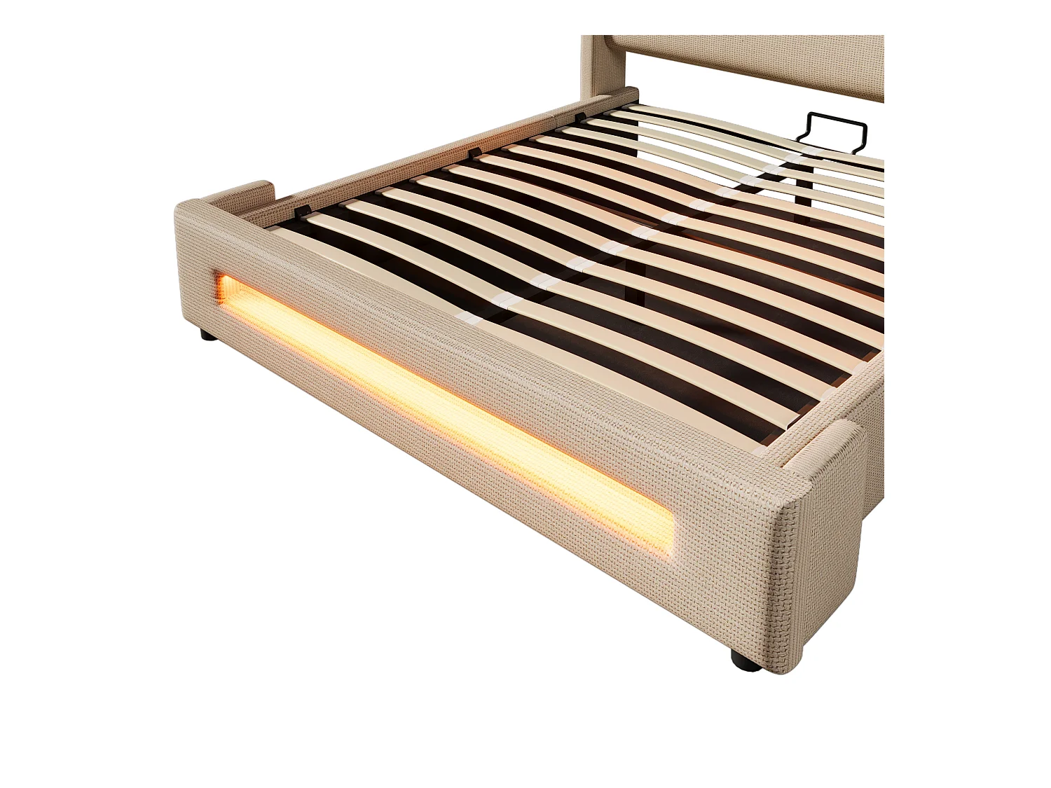 Tapicerowane łóżko z pojemnikiem 140x200 cm - z LED i portami ładowania USB - Tkanina lniana - Z podstawą na listwach - Beżowy (bez materaca)