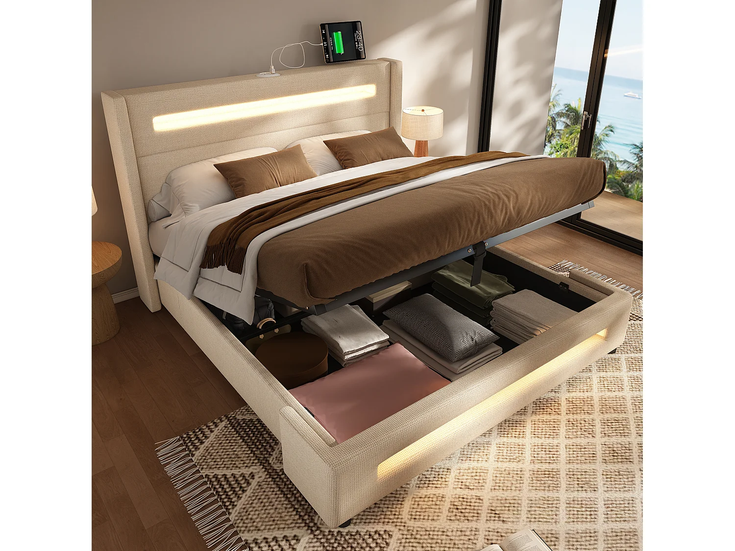 Lit coffre capitonné 140x200cm - avec LED et Ports de charge USB - tissu en Lin - avec sommier à lattes - Beige(sans matelas)