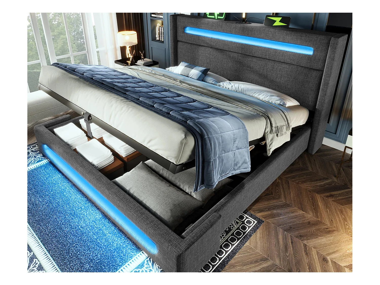 Tapicerowane łóżko z pojemnikiem 140x200 cm - z LED i portami ładowania USB - Tkanina lniana - Z podstawą na listwach - Szary (bez materaca)