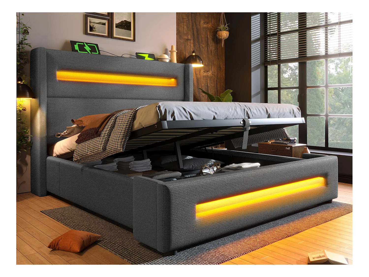 Tapicerowane łóżko z pojemnikiem 140x200 cm - z LED i portami ładowania USB - Tkanina lniana - Z podstawą na listwach - Szary (bez materaca)